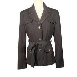 White House Black Market Womens Black Belted Jacket Military Style Size 6